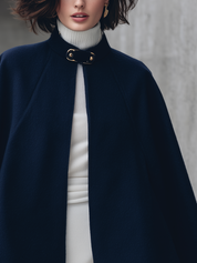 Elegant Navy Wool-Blend High-Neck Buckle Cape Coat