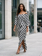 Statement Monochrome Stripe Asymmetric Maxi Dress