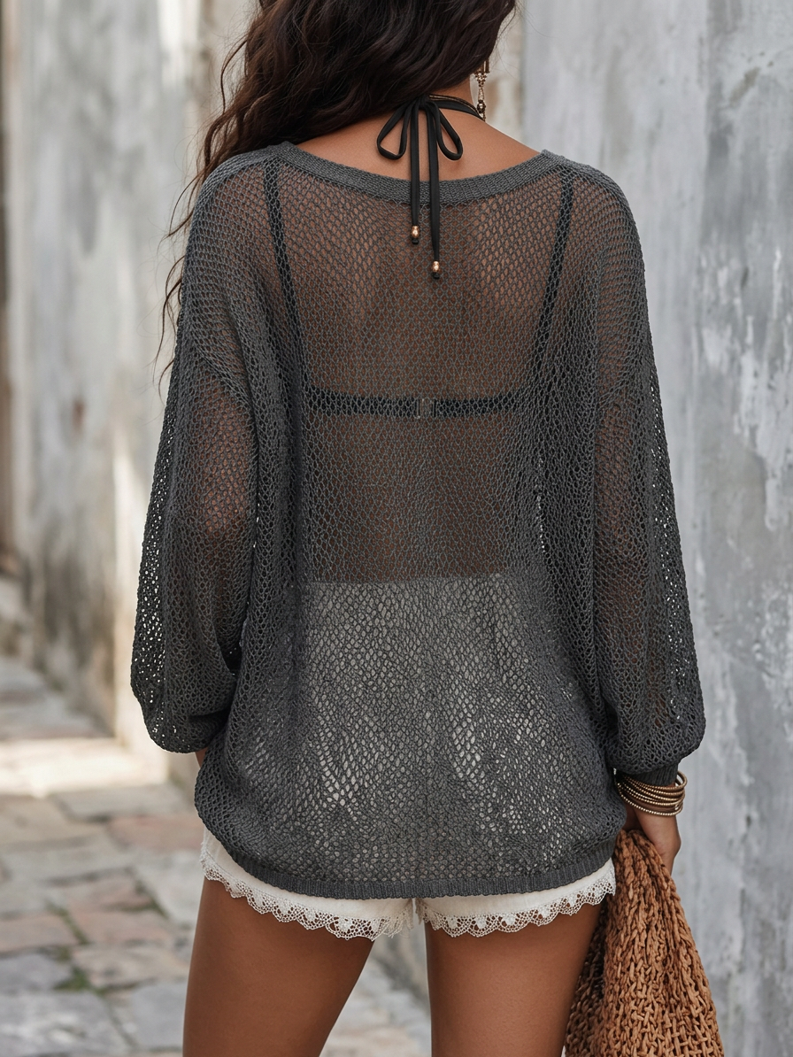 Elegant Lightweight Vacation Smoke Grey Knit Blouse