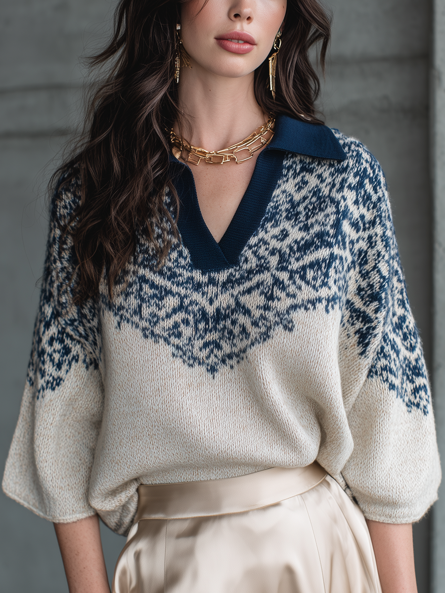 Ivory Blue Jacquard Knit Polo Collar Sweater