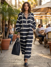 Striped Hooded Half-Zip Maxi Sweatshirt Dress
