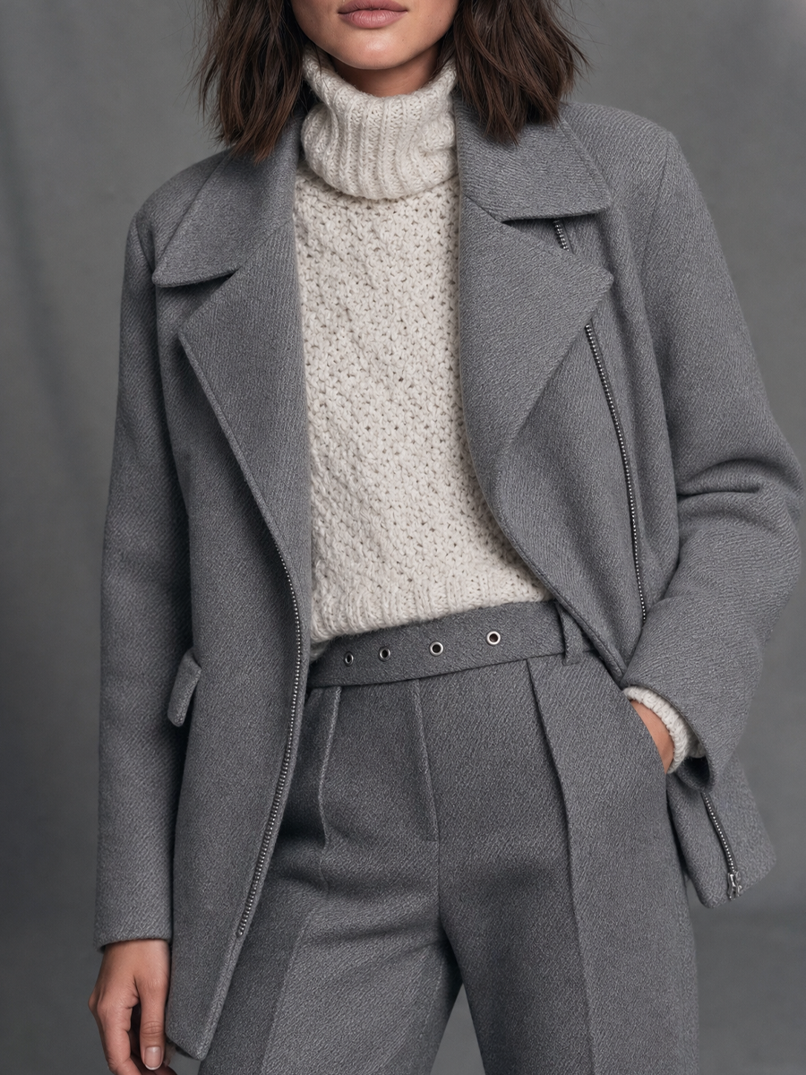 Minimal Grey Wool Blend Moto Jacket