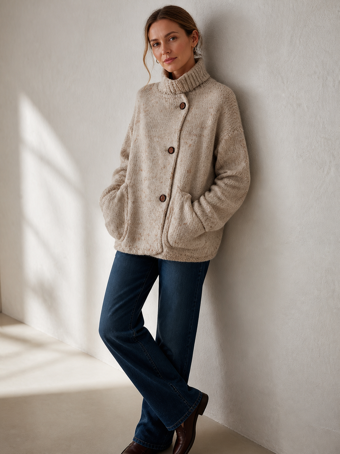 Relaxed Oatmeal Button-Detail Turtleneck Pullover Sweater Top