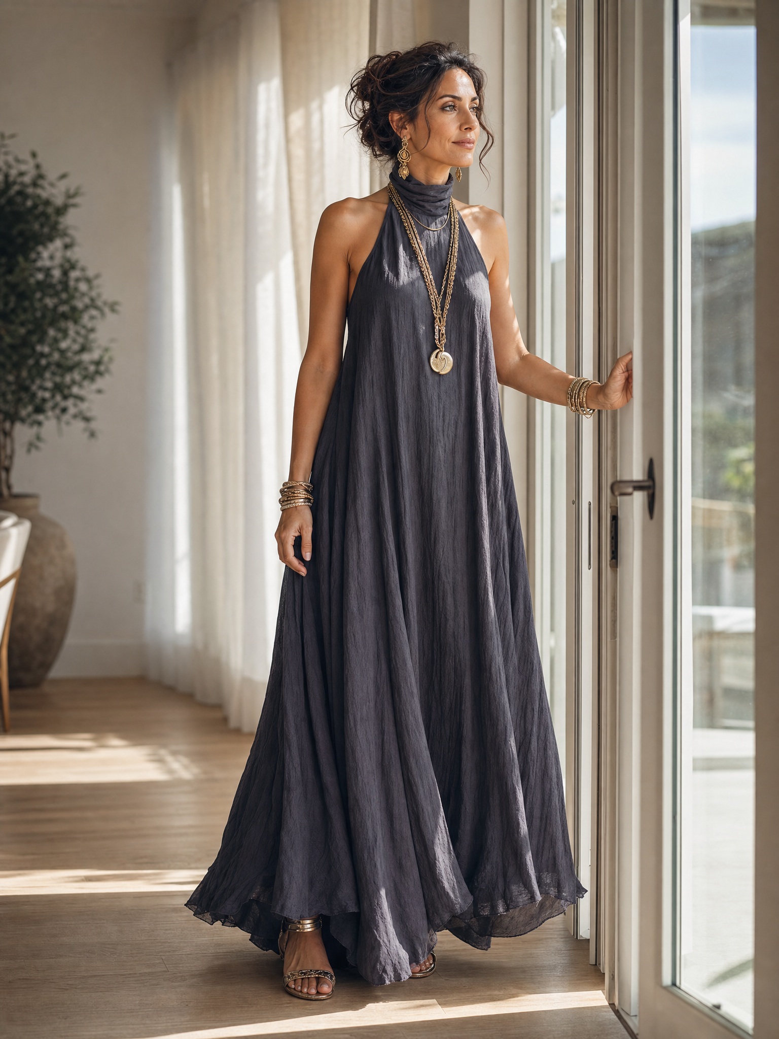 Charcoal Gray Bohemian Style Off The Shoulder Loose Maxi Dress