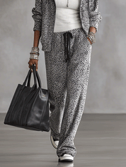 Leopard Print Zip-Up Hoodie and Wide-Leg Pants Lounge Set