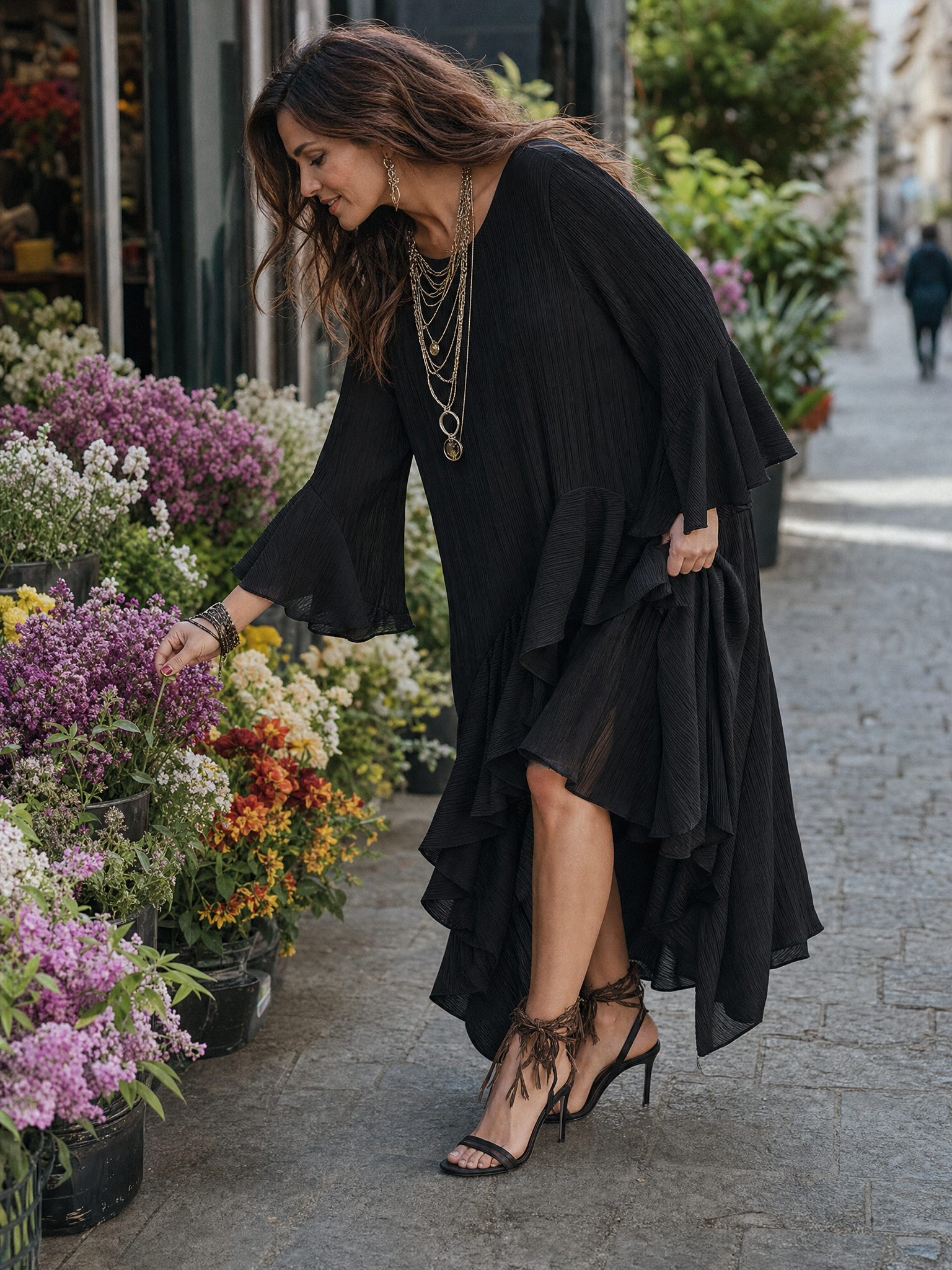 Elegant Asymmetric Ruffle Black Boho Midi Dress