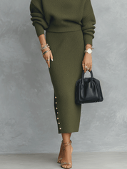 Quiet Luxury Olive Green Ribbed Knit Slim-Fit Midi Skirt And Turtleneck Sweater Set