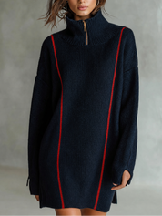 Half-Zip Turtleneck Contrast Stripe Oversized Sweater Dress