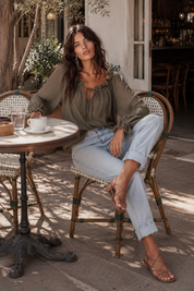 Chic Textured Cotton Split-Neck Lantern-Sleeve Olive Green Blouse