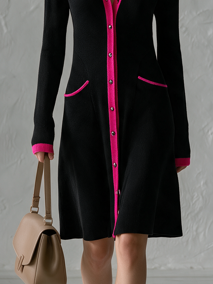 Polished Black Contrast-Trim Knit Mini Dress