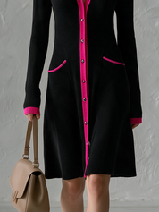 Polished Black Contrast-Trim Knit Mini Dress