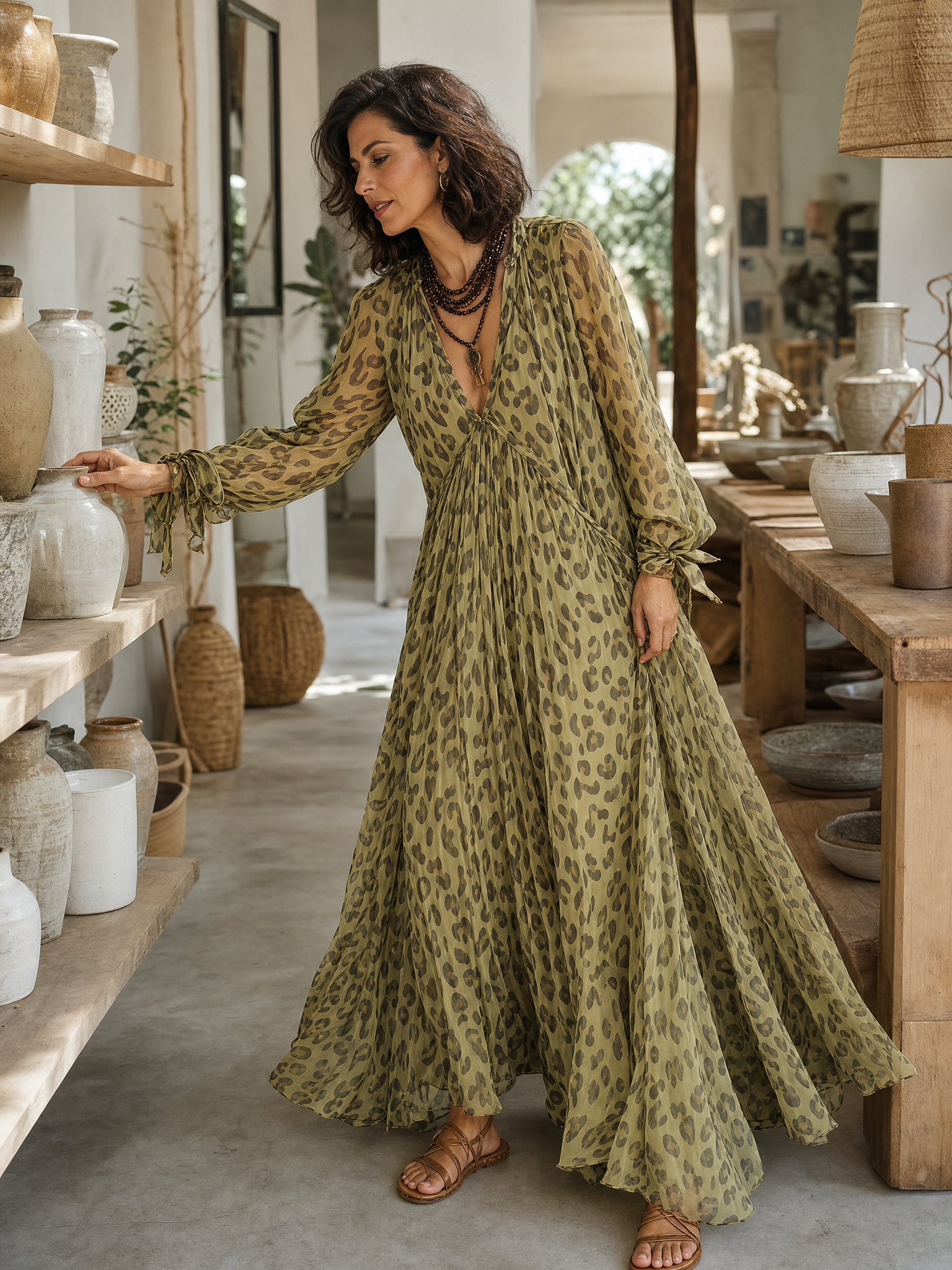 Olive Green Leopard Print Chiffon Long-sleeved Bohemian Dress