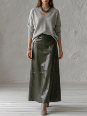 Ffortless Grey V-Neck Sweater & Olive Maxi Skirt Set