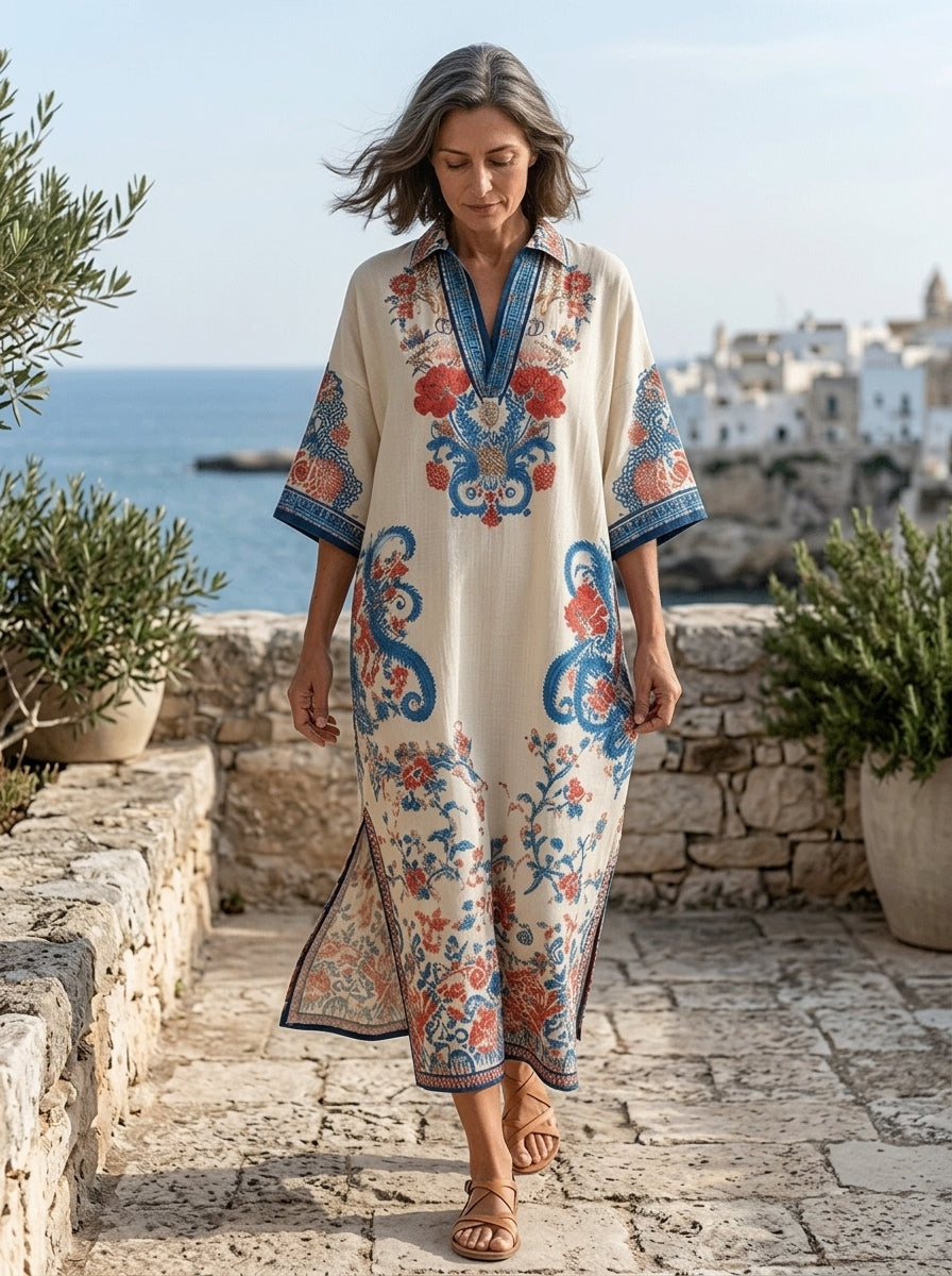 Bohemian Floral Paisley Kaftan Midi Dress In Ivory Blue