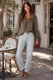 Chic Textured Cotton Split-Neck Lantern-Sleeve Olive Green Blouse