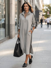 Half-Zip Contrast Stripe Oversized Sweatshirt Midi Dress