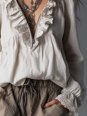 Effortless Zip-up Collar Ruffled Cotton Linen Blouse