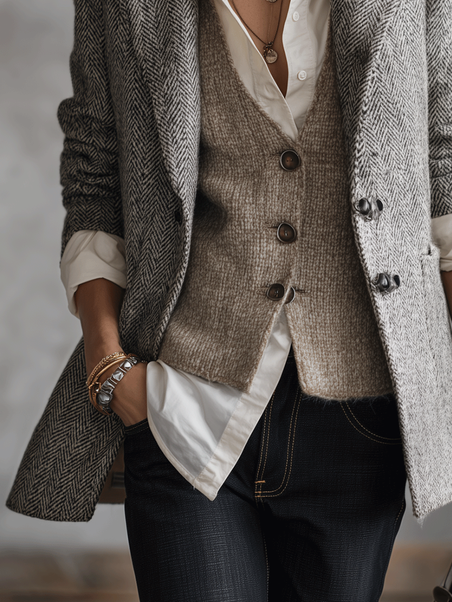 Modern Classic Textured Tweed Structured Grey Coat
