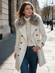 Quiet And Luxurious Double-Breasted With Detachable Fur Collar Coat