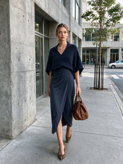 Urban Elegant Polo Knit Top & Wrap Midi Skirt Set