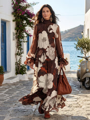Floral Print High Neck Long Sleeve Chiffon Maxi Dress