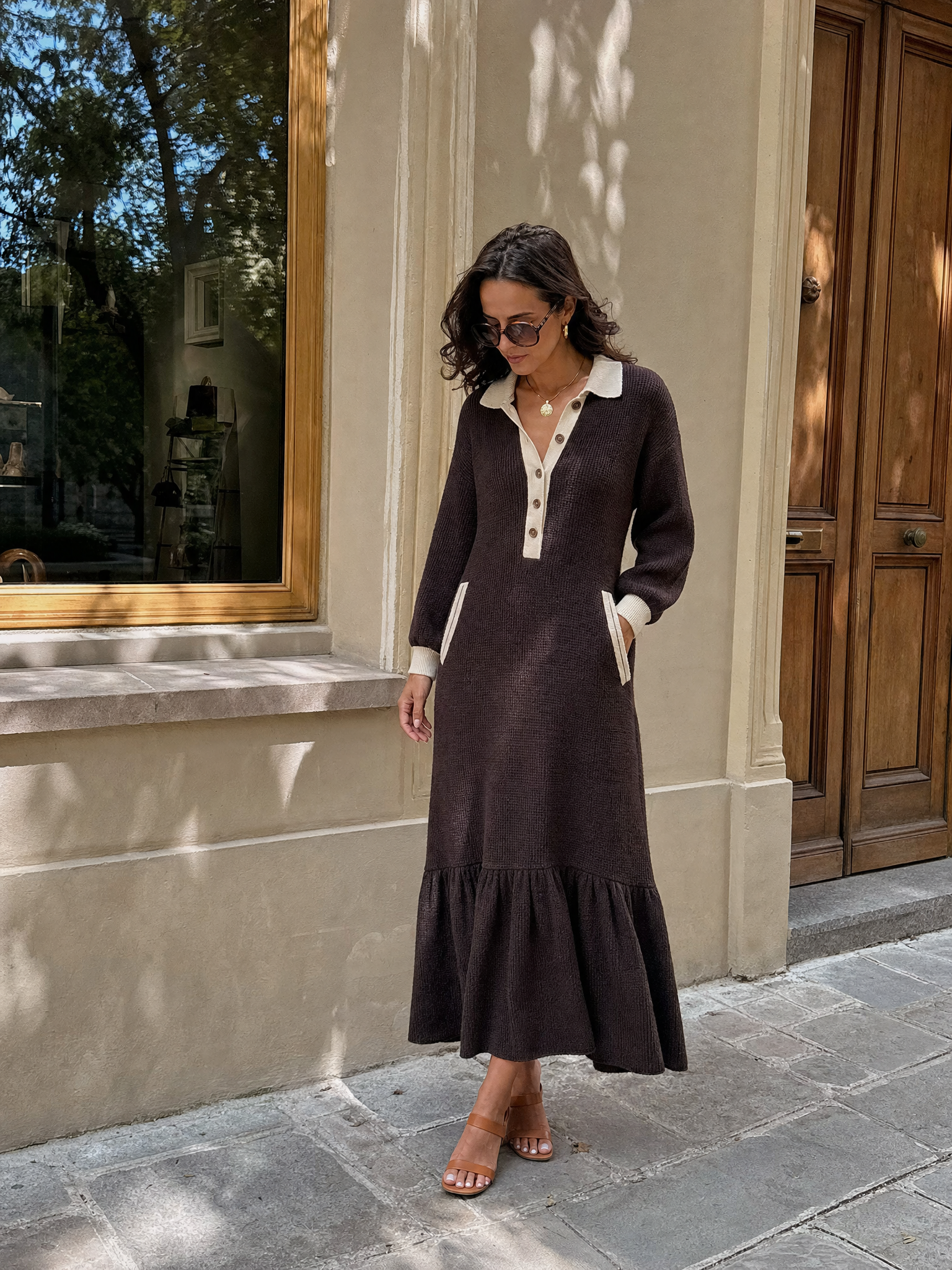 Effortless Resort Contrast Trim Waffle Tiered Maxi Dress