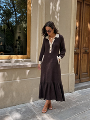 Effortless Resort Contrast Trim Waffle Tiered Maxi Dress