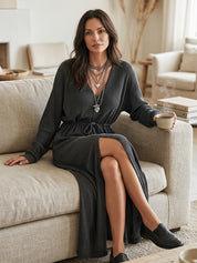 Women's V-Neck Long Sleeve Tie-Waist Side Slit Maxi Dress