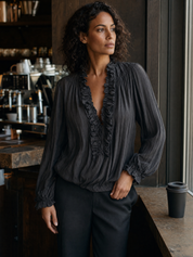 Sheer Ruffle V-Neck Bohemian Blouse