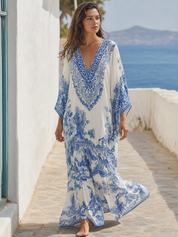 Refined Blue Porcelain Print V-Neck Kaftan Dress