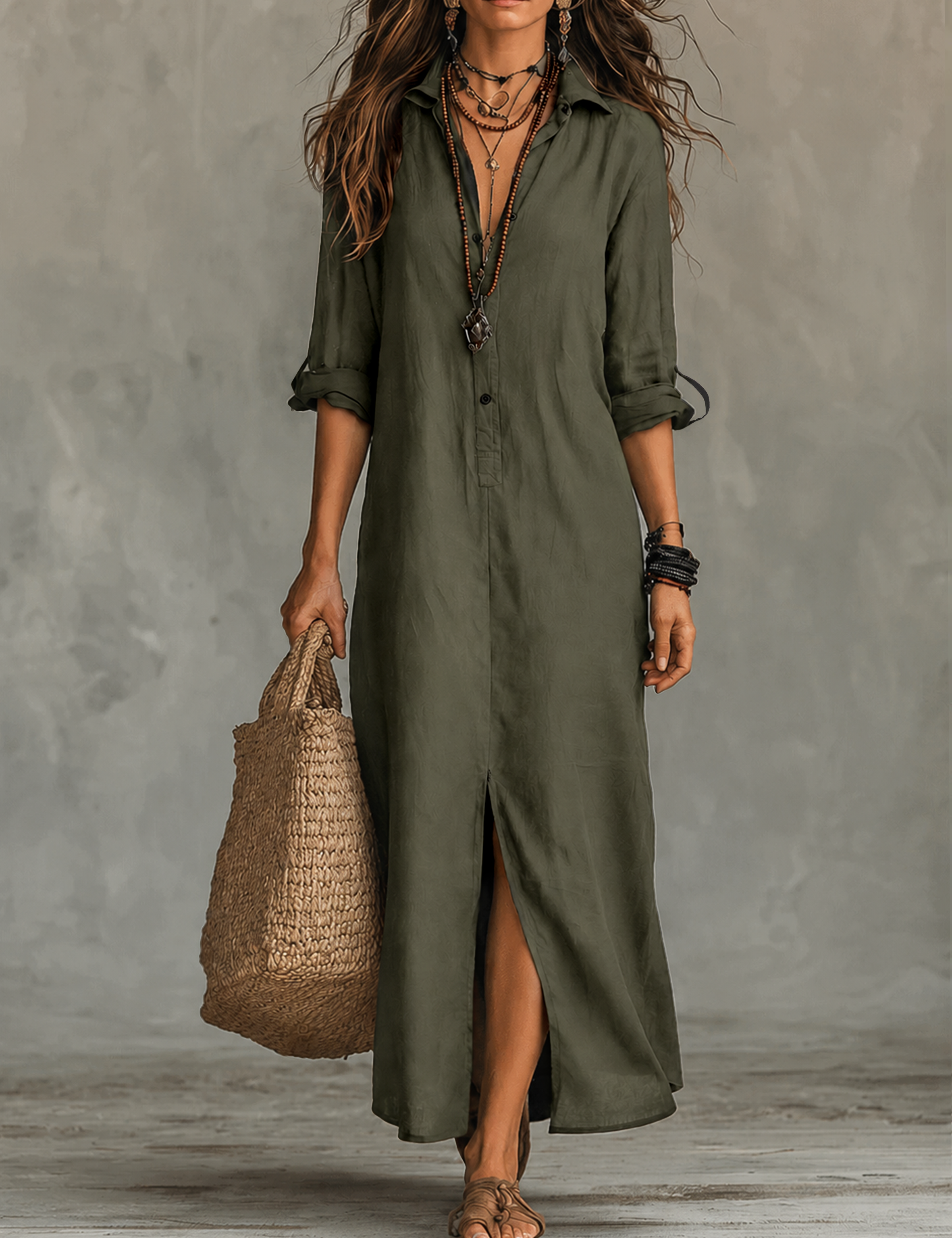 Black Button-Front Bohemian Shirt Maxi Dress