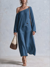 Coastal Boho One Shoulder Denim Maxi Dress