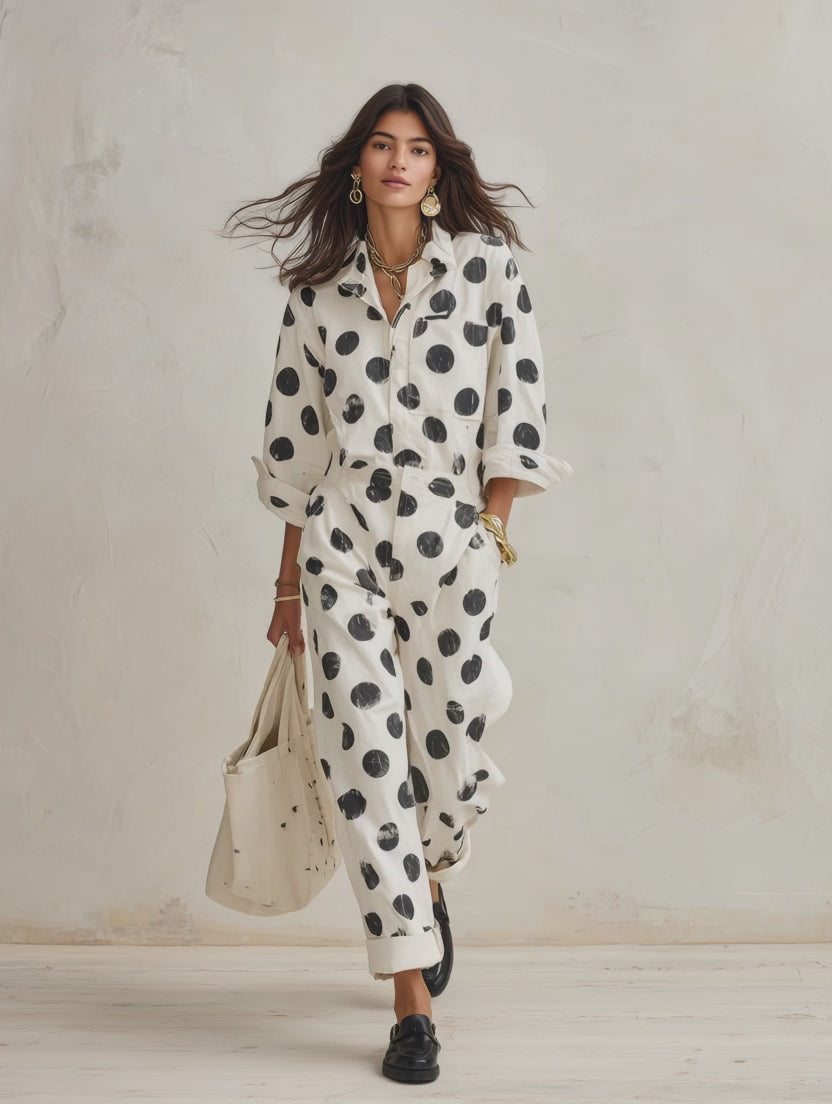 Women's Polka Dot Print Long Sleeve Cotton Jumpsuit