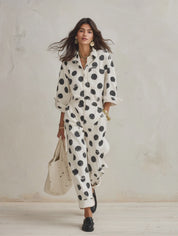 Women's Polka Dot Print Long Sleeve Cotton Jumpsuit