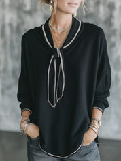 Women's Contrast Trim Tie-Neck Long Sleeve Top