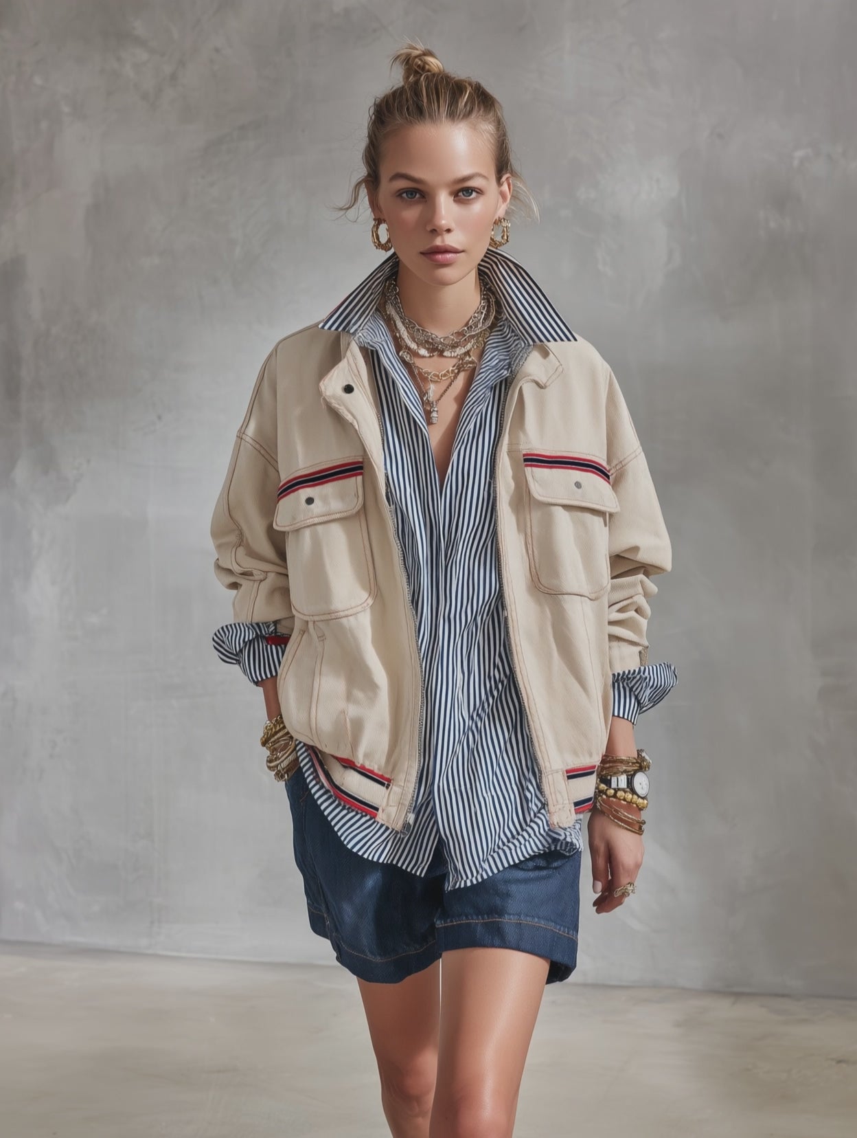 Modern Utility Cotton Twill Relaxed-Fit Beige Contrast-Stripe Zip Jacket