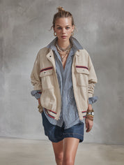 Modern Utility Cotton Twill Relaxed-Fit Beige Contrast-Stripe Zip Jacket