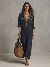 Leopard-Trim Collar Waffle Knit Maxi Shirt Dress