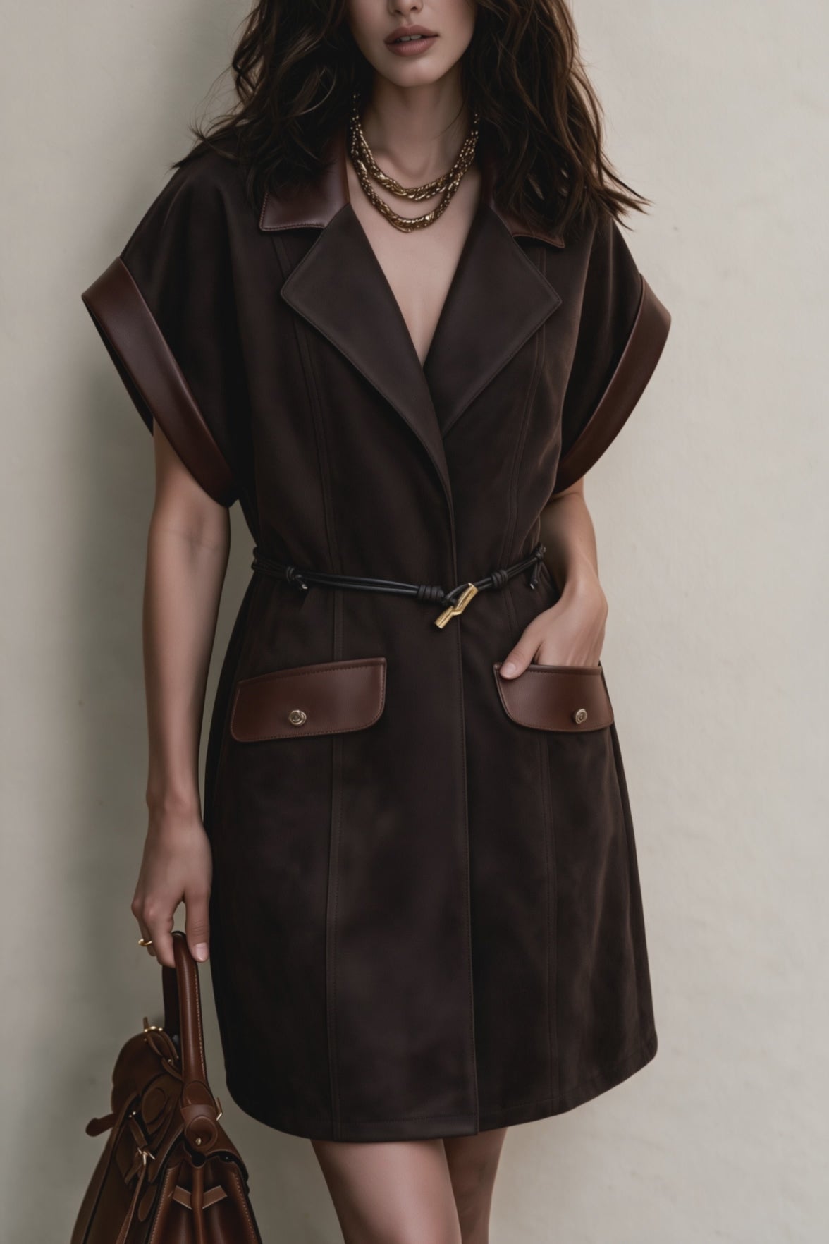 Women's Faux Suede Blazer Dress With PU Trim Belted Shirt Dress