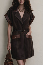 Women's Faux Suede Blazer Dress With PU Trim Belted Shirt Dress