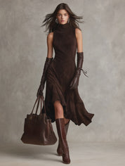 Sleeveless Mock Neck Suede Asymmetric Hem Midi Dress