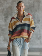 Women's Striped Quarter-Zip Oversized Knit Sweater