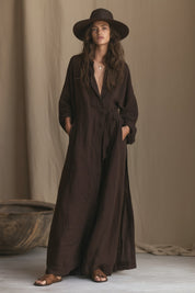 Women's Long Sleeve Belted Deep V Neckline Maxi Shirt Dress