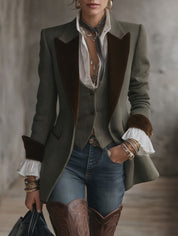 Women's Herringbone Wool Velvet Peak Lapel Blazer