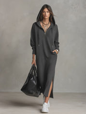 Women's Zip-Up Hooded Sweater Side Slit Maxi Dress