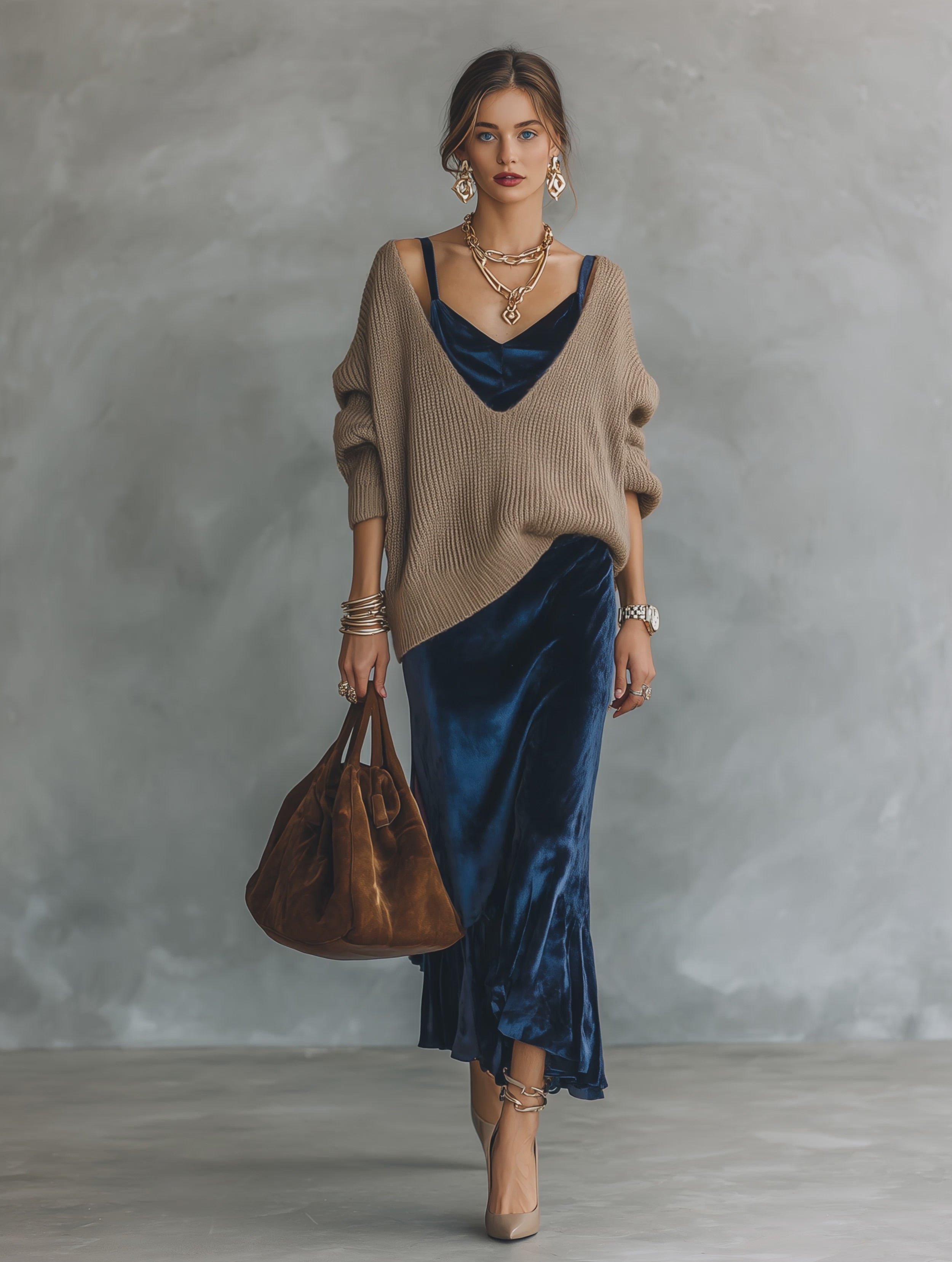 layered sweater and slip dress Velvet Cowl Neck with Oversized Knit Set – Ginariel abiti_lunghi