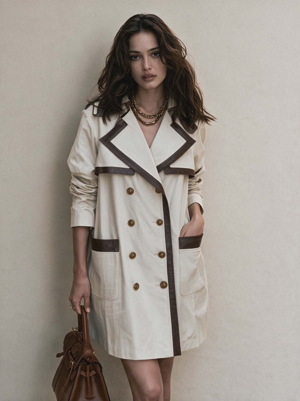 Contrast Faux Leather Trim Double-Breasted Trench Coat