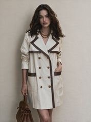 Contrast Faux Leather Trim Double-Breasted Trench Coat