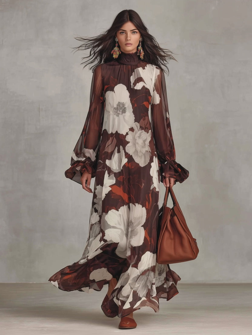 Floral Print High Neck Long Sleeve Chiffon Maxi Dress