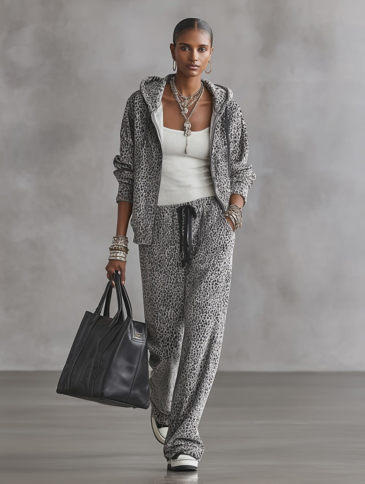 Leopard Print Zip-Up Hoodie and Wide-Leg Pants Lounge Set